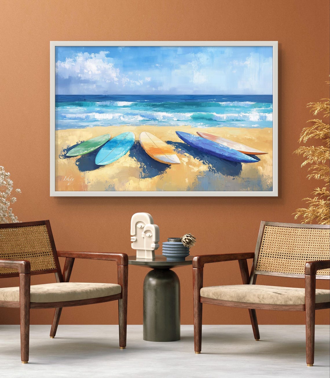 Five Surfboards on a Sunny Sandy Beach Ocean Waves Art Poster - Image 4
