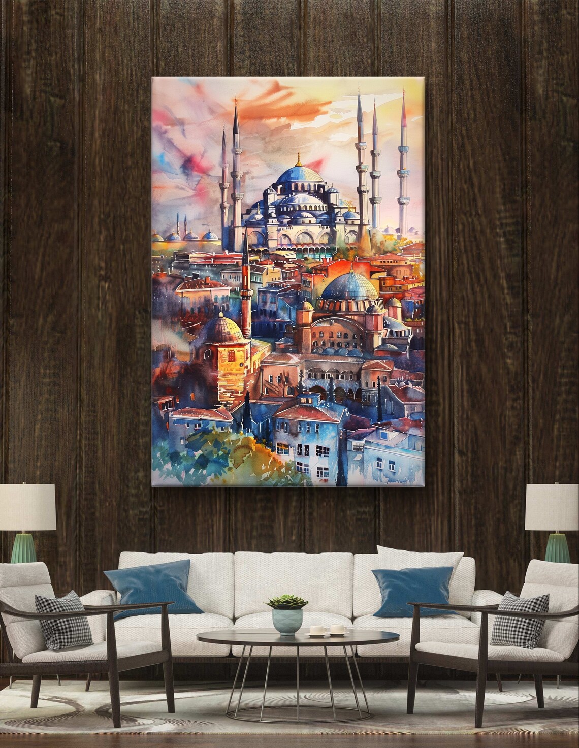 Istanbul Blue Mosque and Old Town Skyline Watercolor Sunset Poster - Image 4