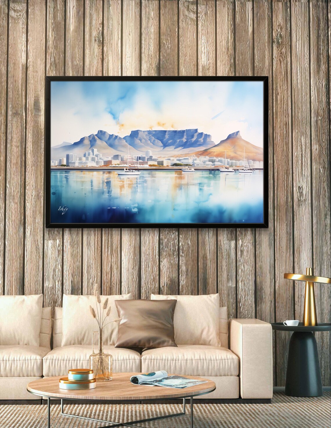 Cape Town Table Mountain and Harbor Sailboats Watercolor Poster - Image 2
