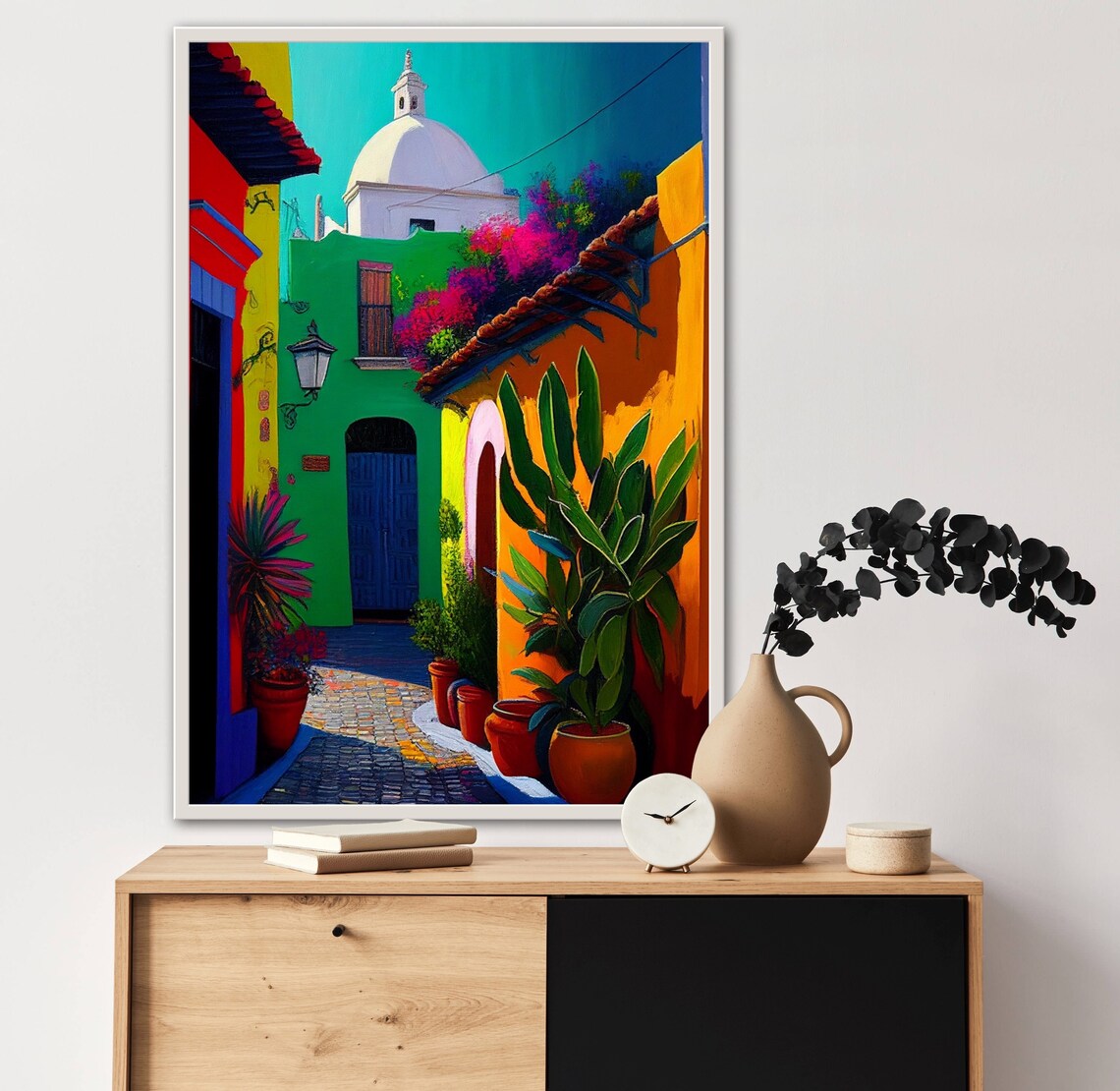 Colorful Mexican Alleyway With White Church Dome Travel Poster - Image 4