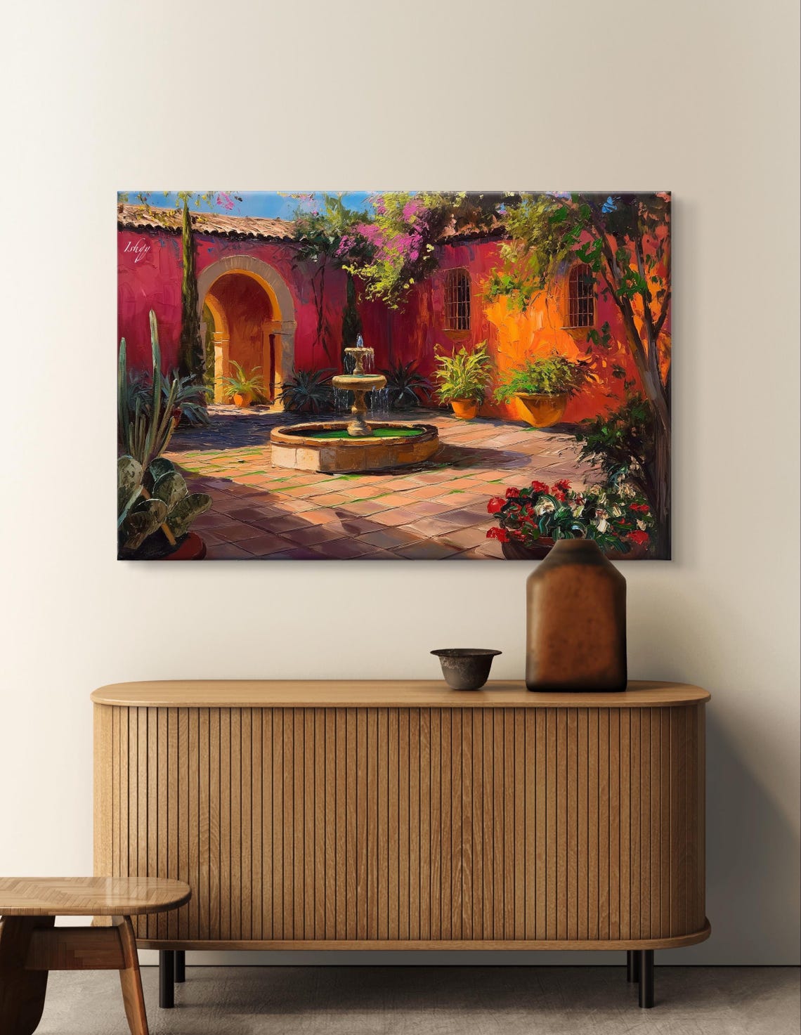 Mexican Courtyard with Fountain and Red Walls Painting Poster - Image 6