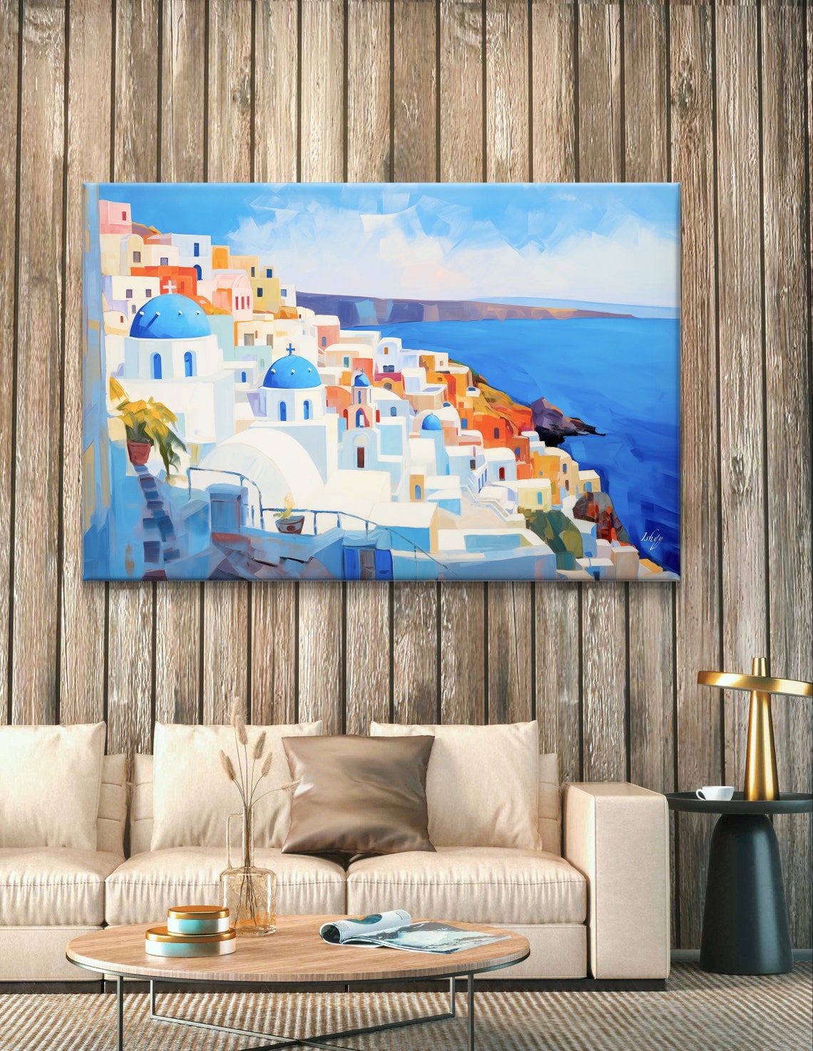 Santorini Blue Dome Churches Over the Aegean Sea Painting Poster - Image 4
