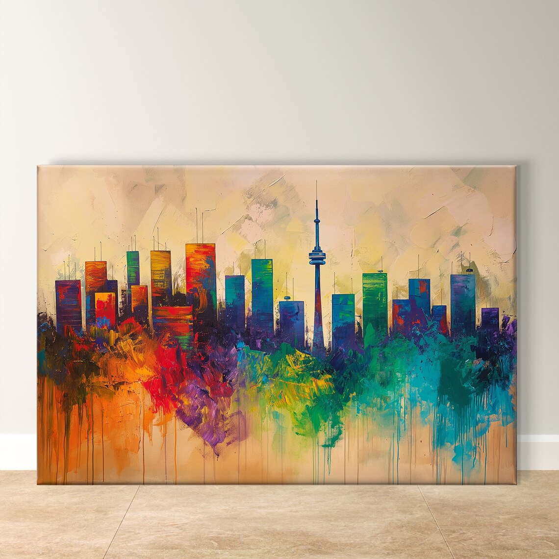 Toronto Skyline Abstract Drip Painting with Colorful CN Tower Poster
