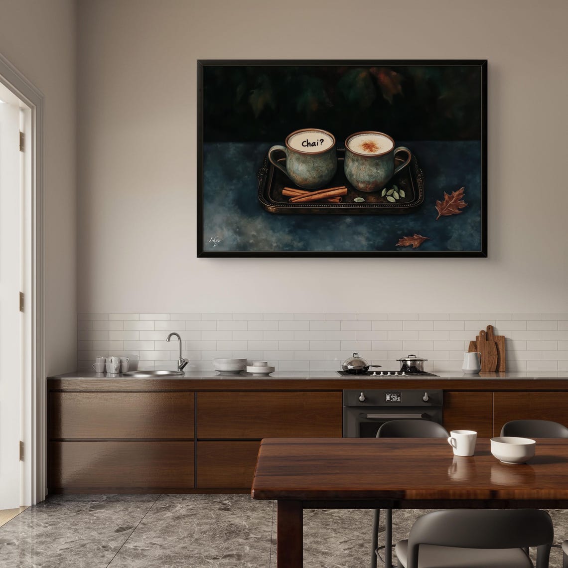 Two Steaming Chai Mugs Cinnamon Sticks Autumn Leaves Kitchen Poster - Image 2