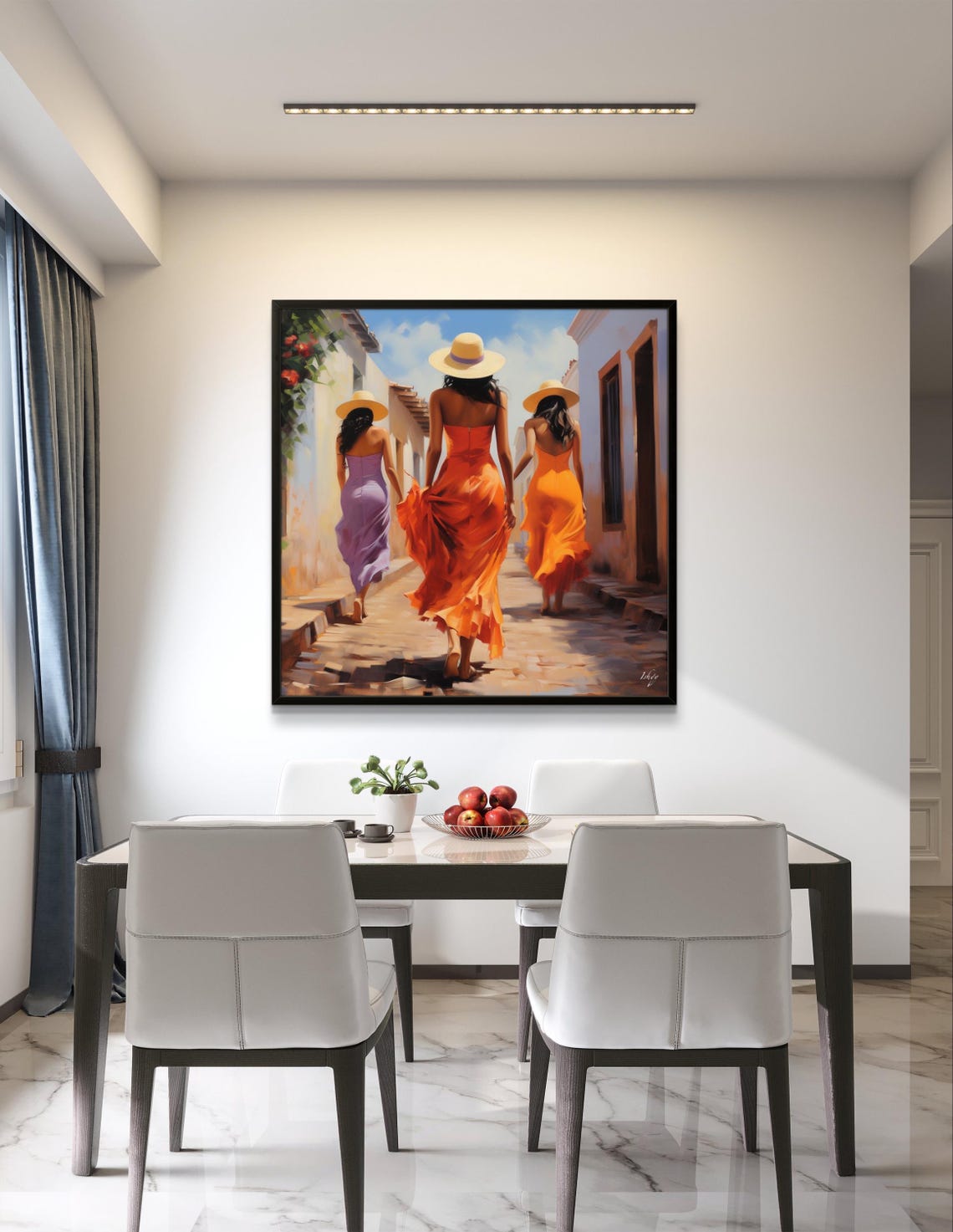 Three Women in Colorful Dresses Walking Sunny Old Town Poster - Image 2