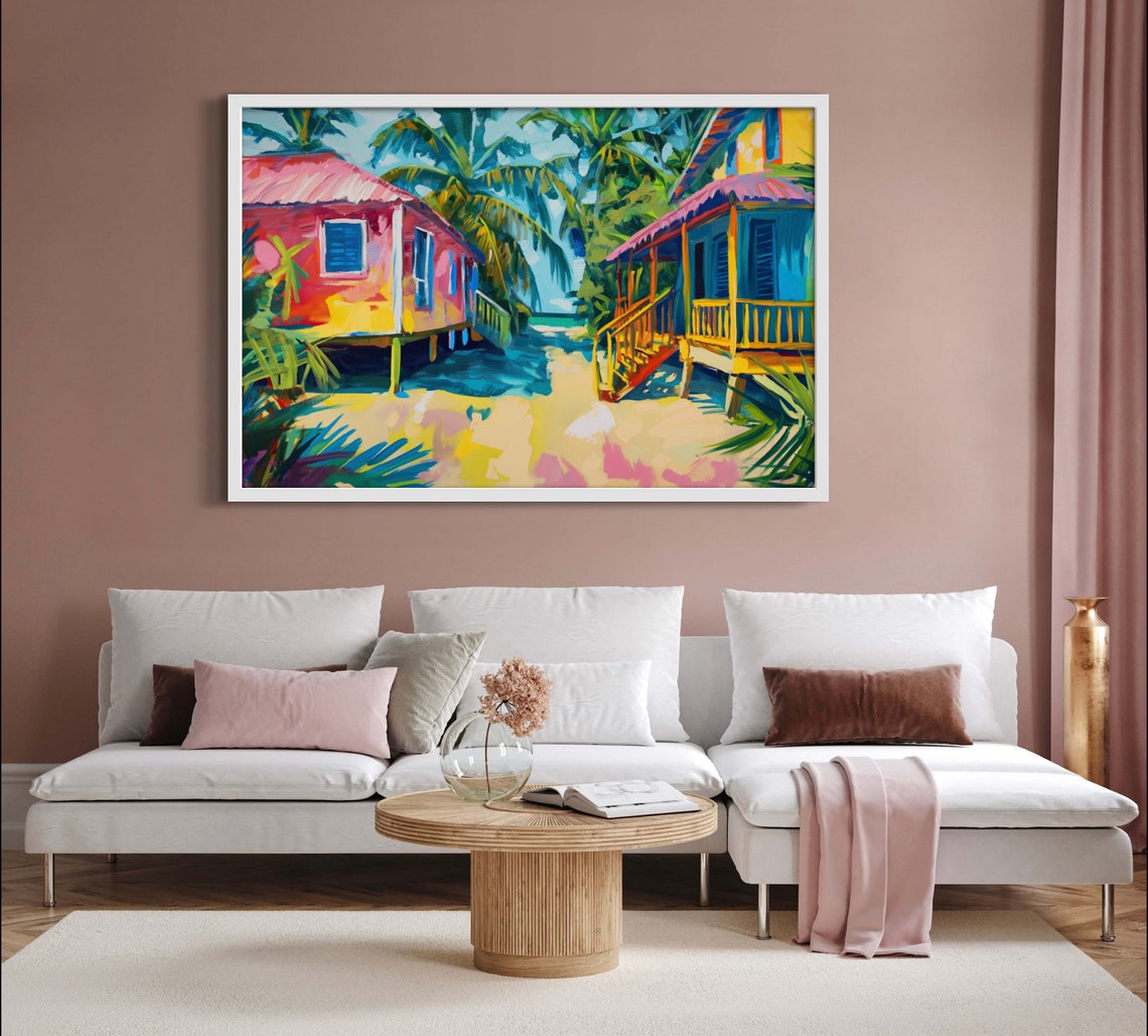 Placencia Belize Beach Bungalows in Bright Colors Art Poster - Image 4