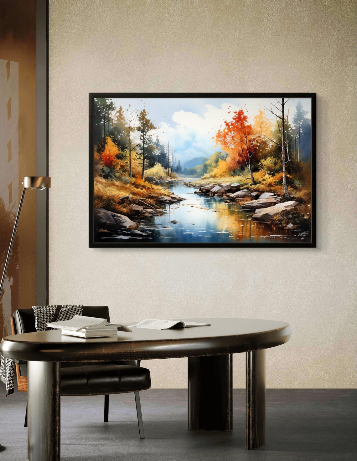 Autumn in New England Fall River and Forest Watercolor Poster - Image 2