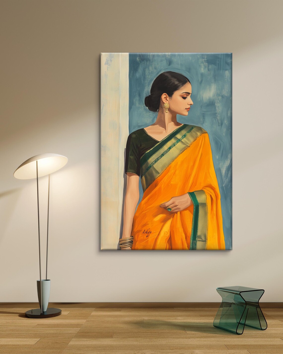 Elegant Indian Woman in Orange Saree Cultural Portrait Painting Poster - Image 5