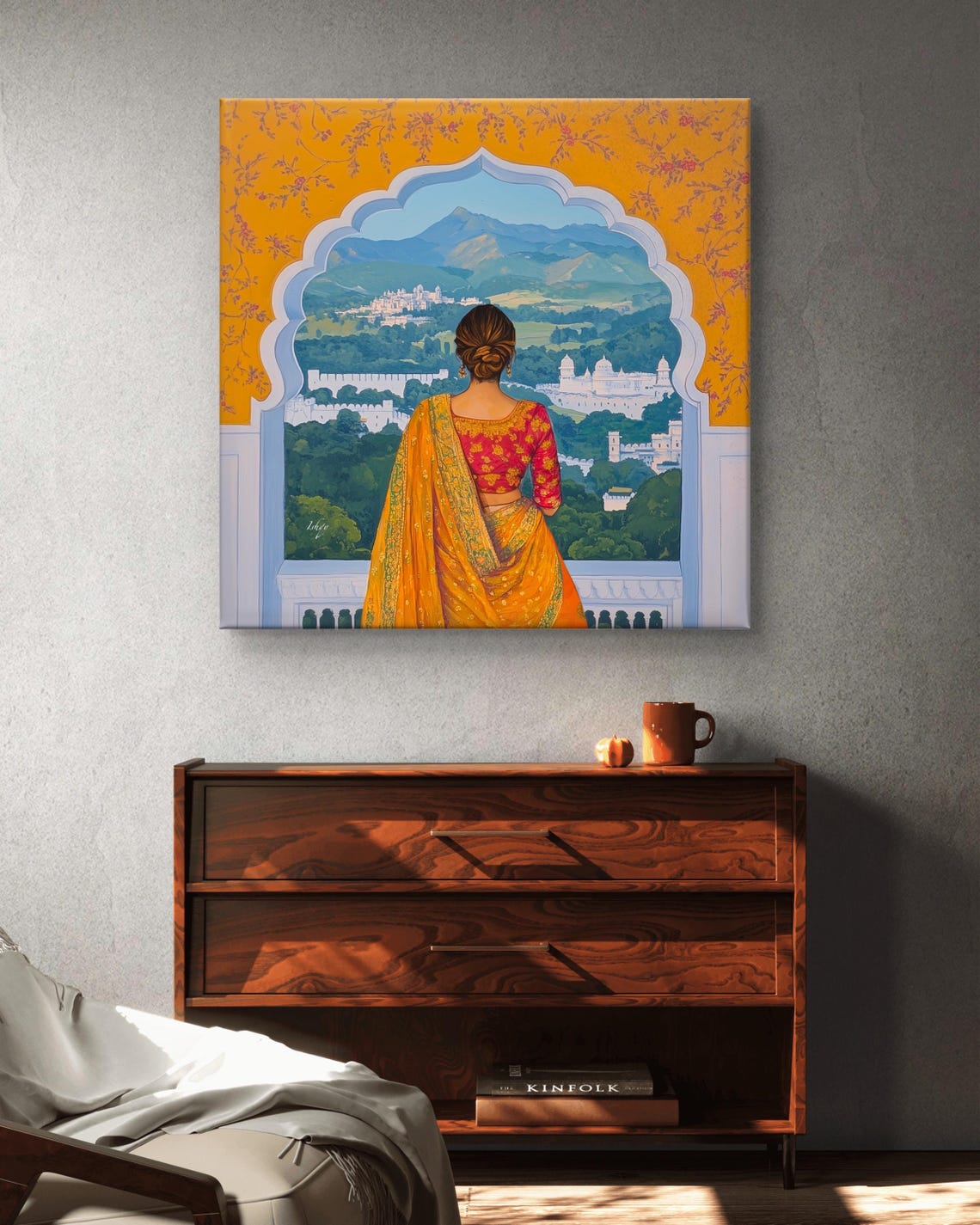 Woman at Palace Window Orange Saree India Royal View Art Poster - Image 5