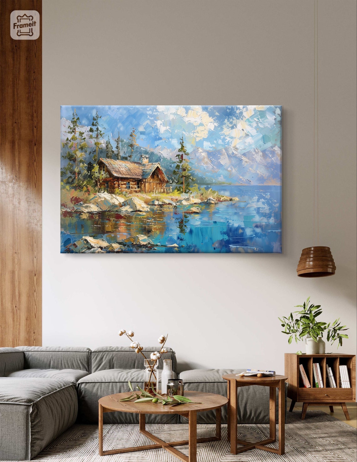 Lake Tahoe Rustic Log Cabin on Rocky Shore with Snowy Peaks Poster - Image 3
