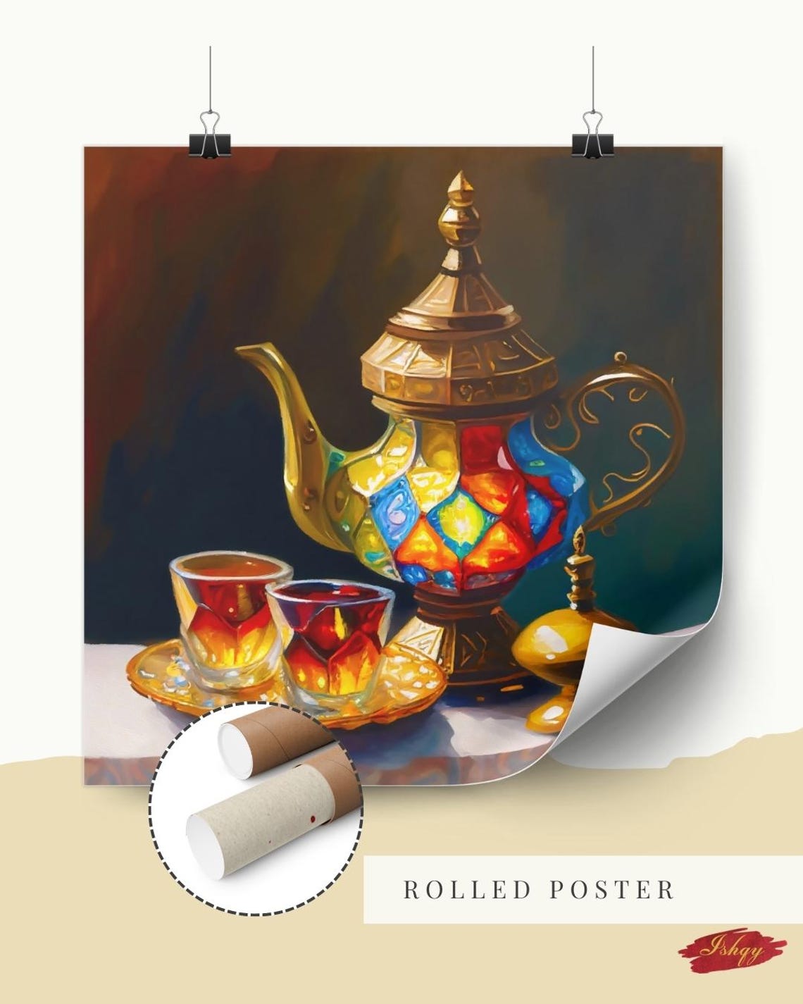 Colorful Moroccan Mosaic Teapot With Tea Glasses Kitchen Poster - Image 3