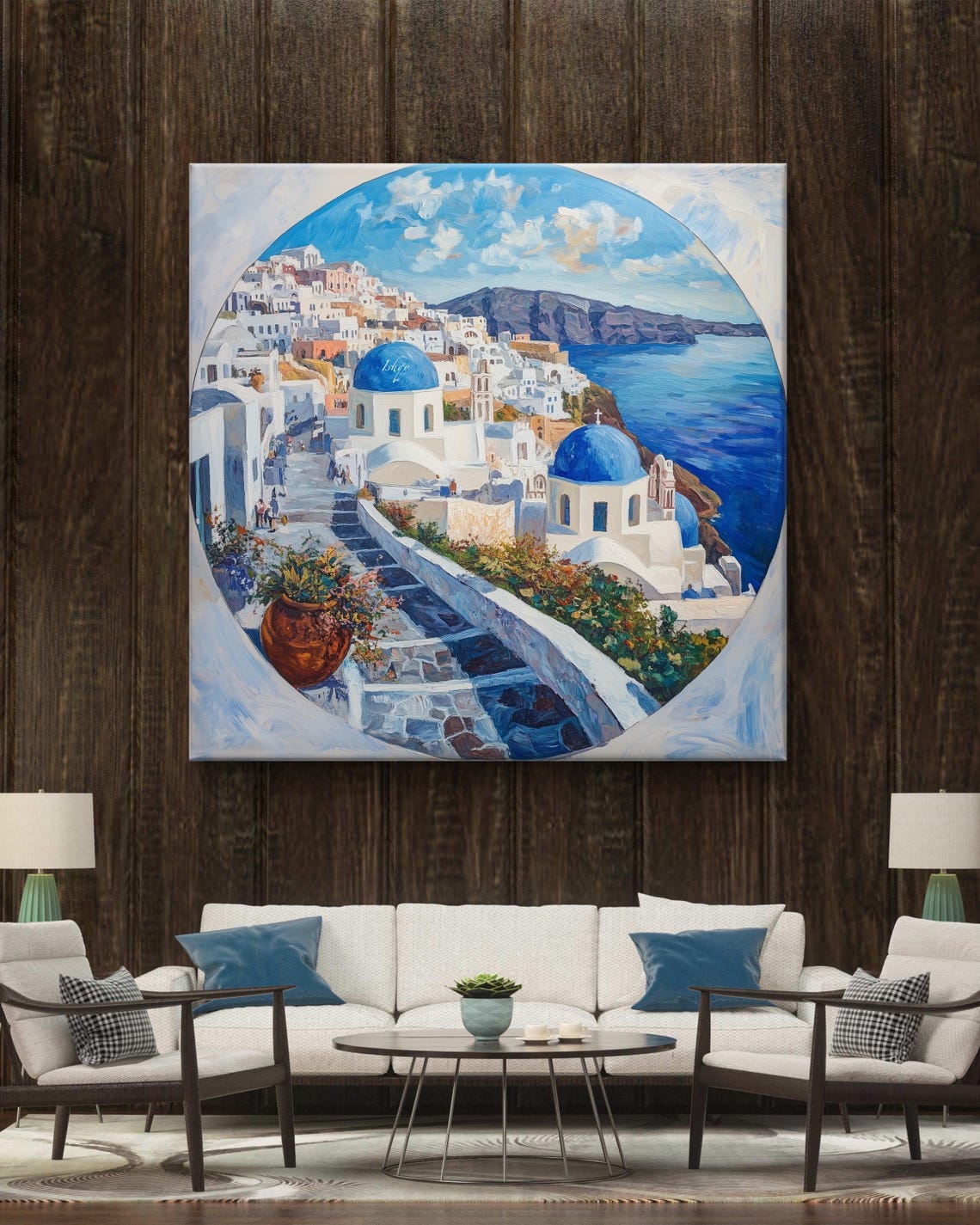 Santorini Greece Blue Domes Coastal Town Painting Art Poster - Image 4