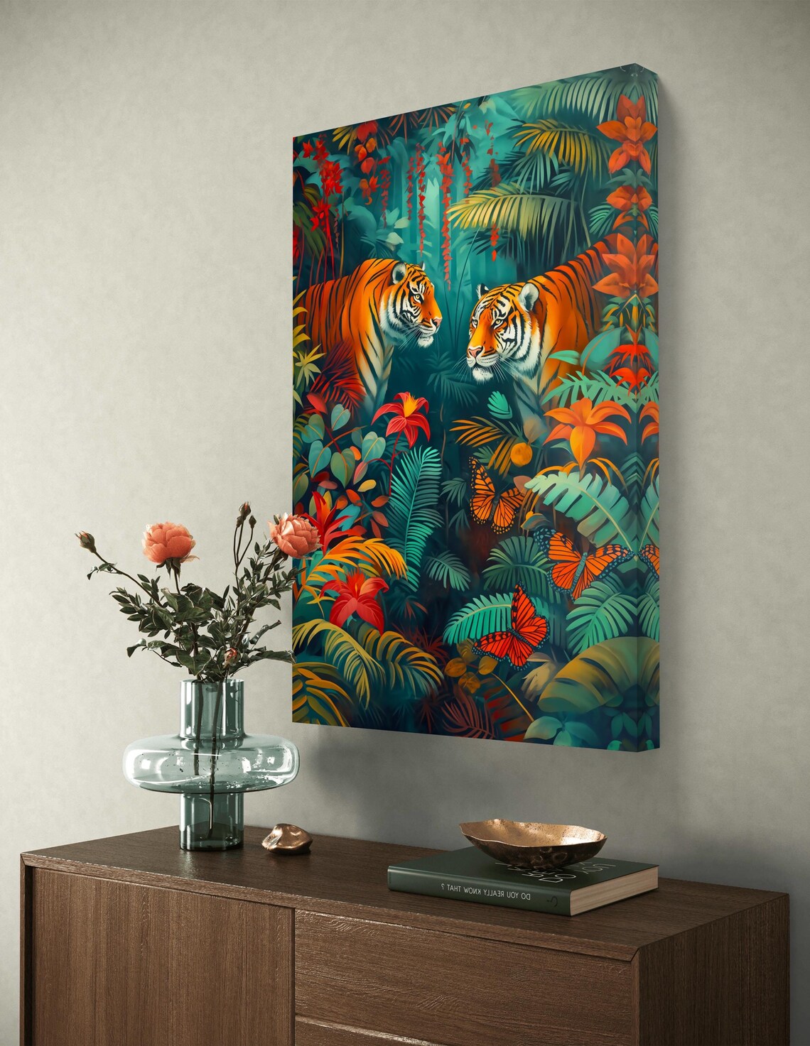 Two Tigers Facing Off In Lush Tropical Jungle Butterfly Art Poster - Image 4