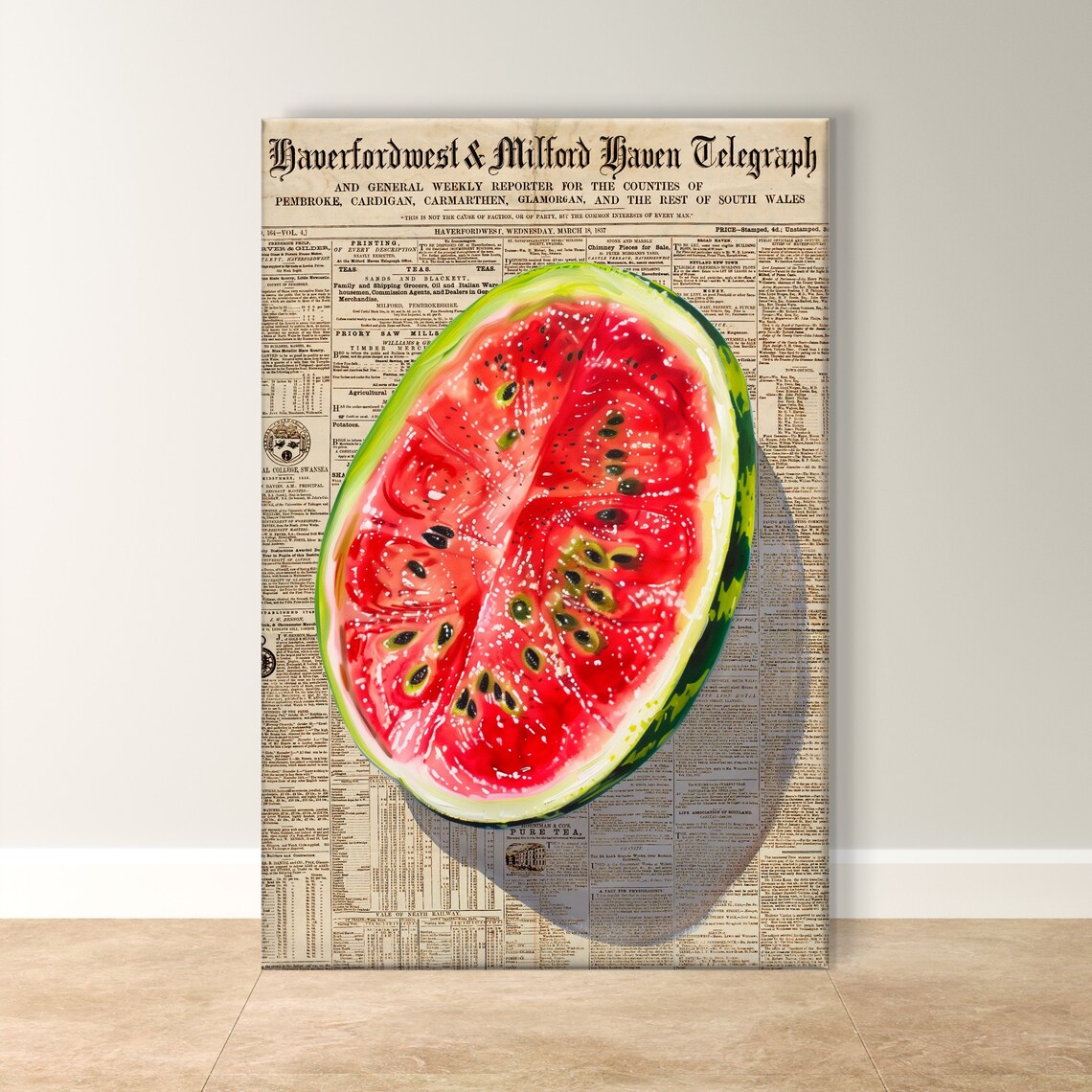 Juicy Watermelon Slice Vintage Newspaper Background Kitchen Art Poster