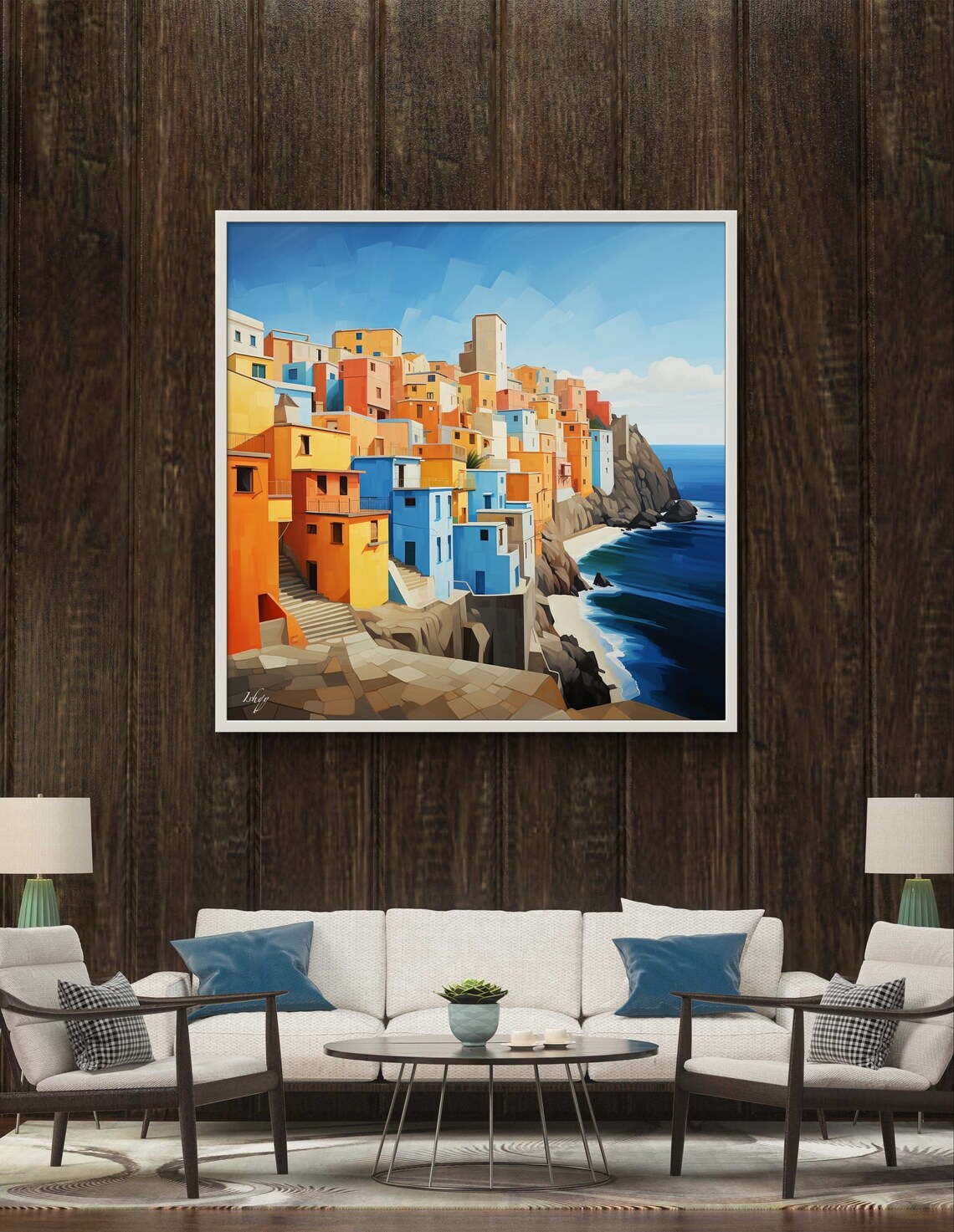 Colorful Mediterranean Cliffside Town by the Sea Daytime Poster - Image 4