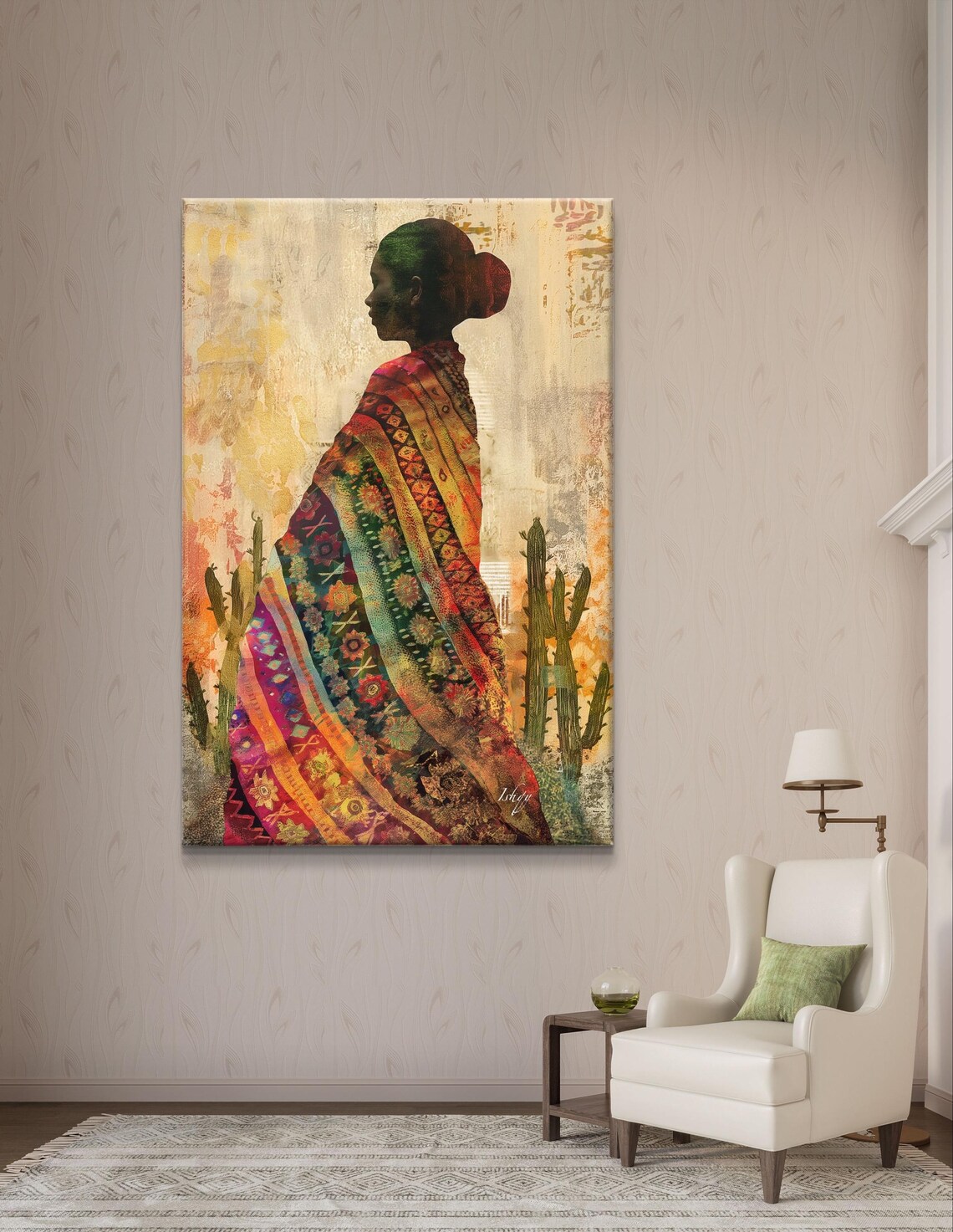 Mexican Woman in Profile with Embroidered Serape and Cacti Poster - Image 5