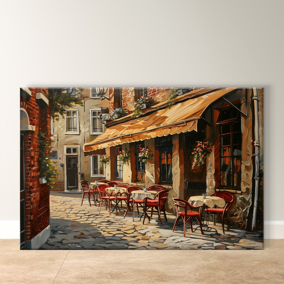 European Street Cafe Scene with Red Chairs in Old Town Poster