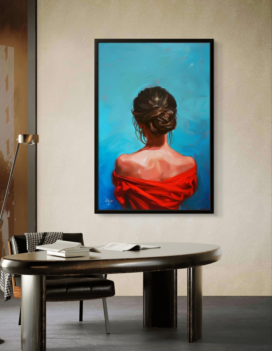 Woman in Red Off-Shoulder Dress Viewed from Behind Oil Art Poster - Image 2