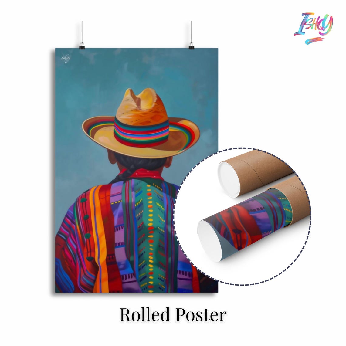 Cowboy Back View Rainbow Sombrero Woven Poncho Portrait Poster - Image 2