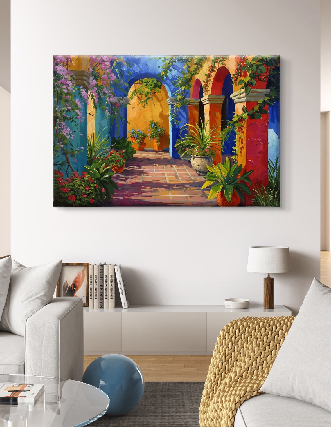 Cuernavaca Mexican Courtyard with Blue Arches and Flowers Poster - Image 6