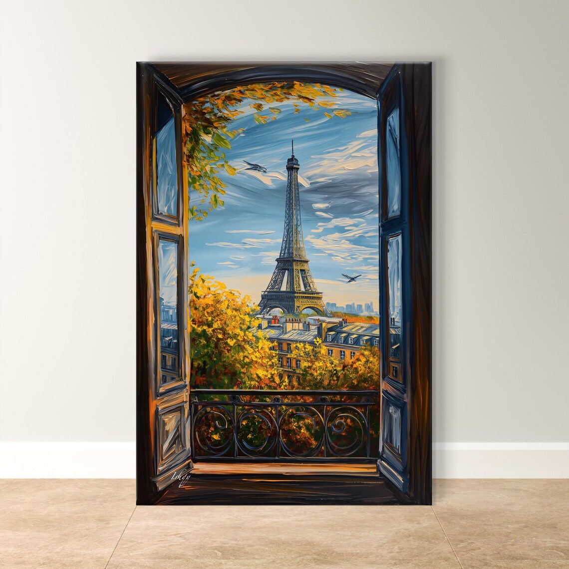 Paris Balcony Window View of the Eiffel Tower in Autumn Poster
