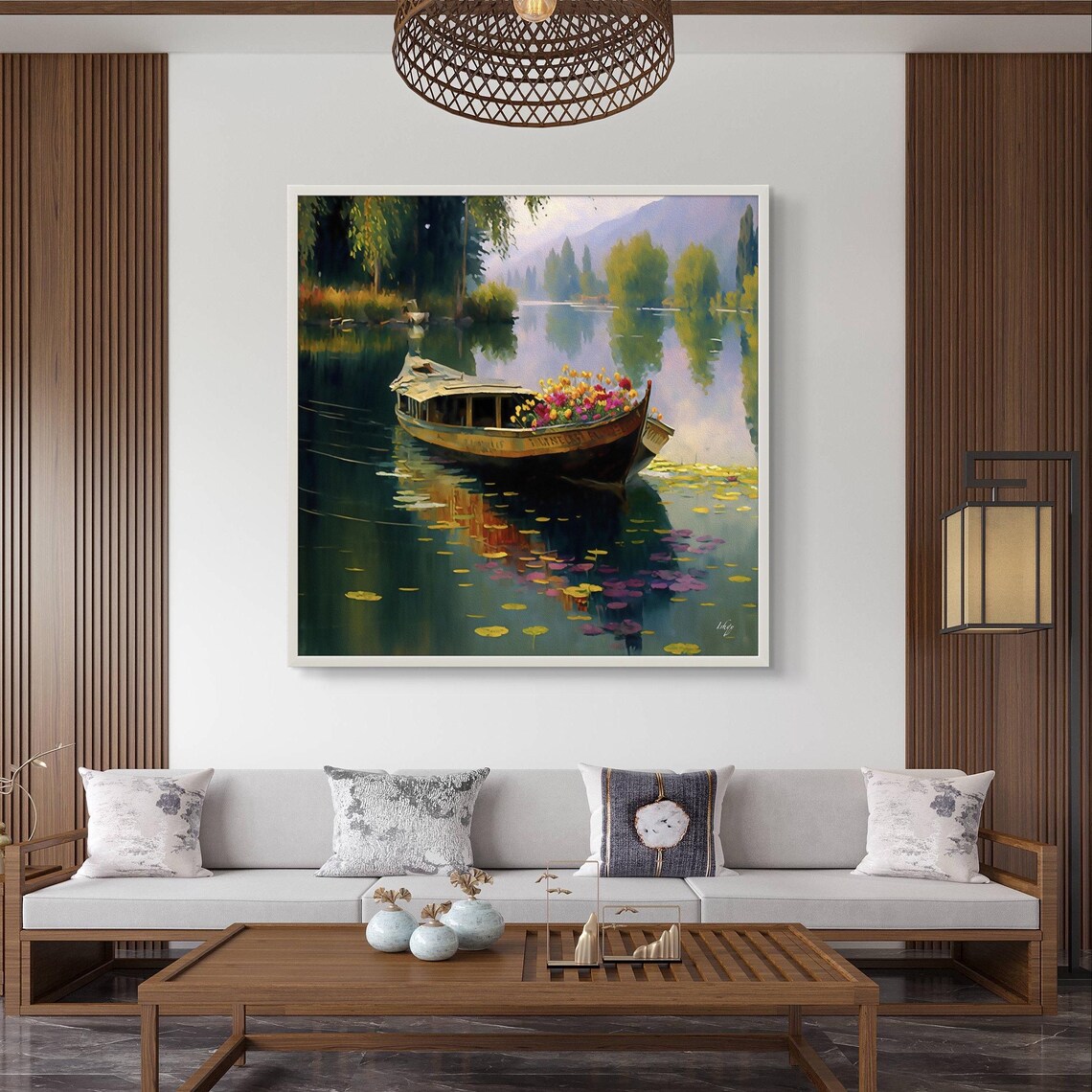 Shikara Flower Boat Gliding Past Lily Pads Lake Scene Art Poster - Image 4