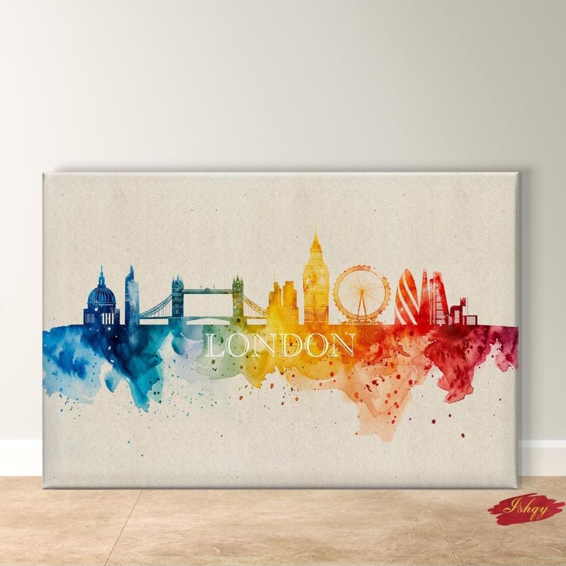 London Watercolor Skyline with Big Ben Tower Bridge Landmarks Poster