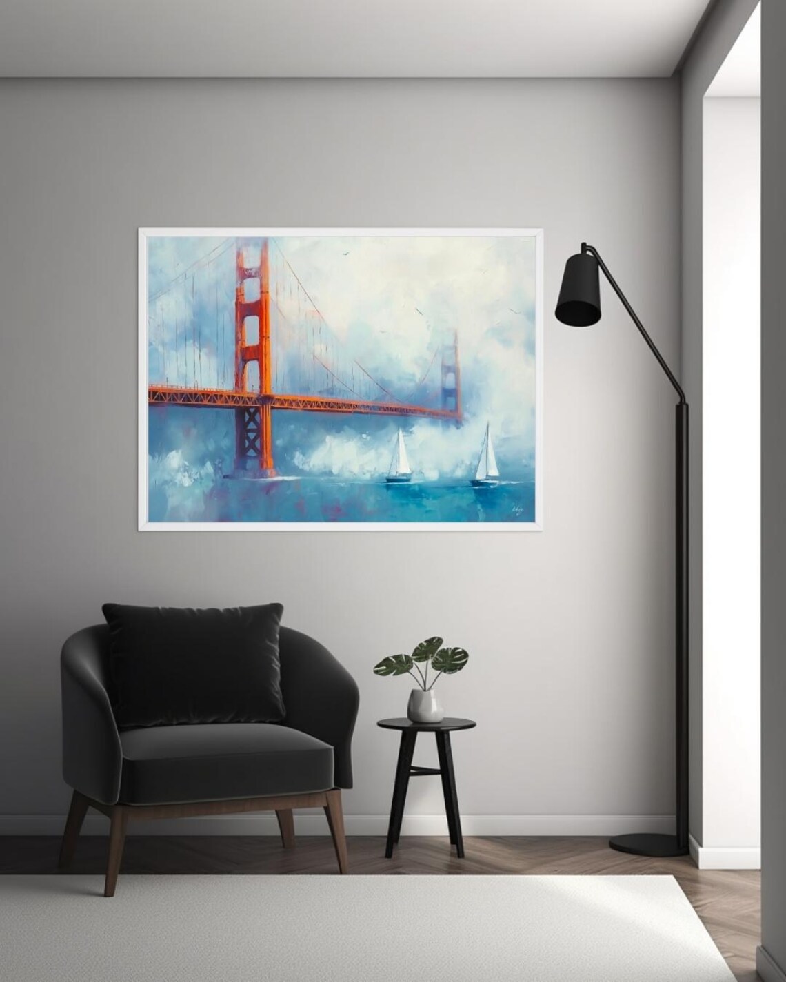 Golden Gate Bridge in Morning Fog with Sailboats Painting Poster - Image 3