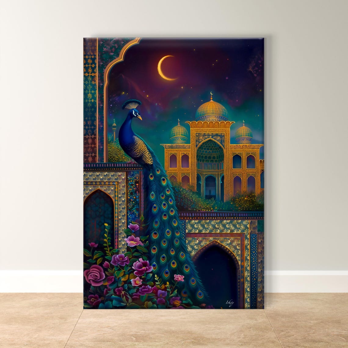 Peacock on Moonlit Indian Palace Crescent Night Royal Poster