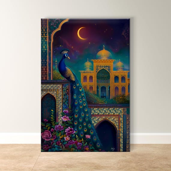 Peacock Palace Art Framed Night Scene Vibrant Peacock Decor Colorful Palace Wall Art Living Room Decor Peacock Print