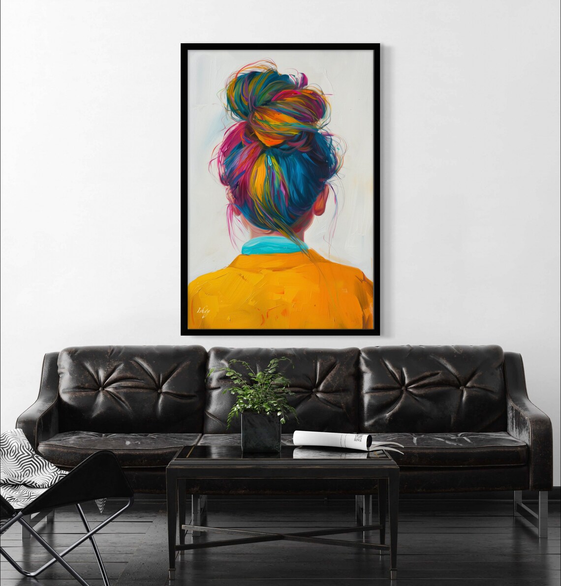Woman Seen from Behind with Rainbow Colorful Hair Bun Art Poster - Image 2