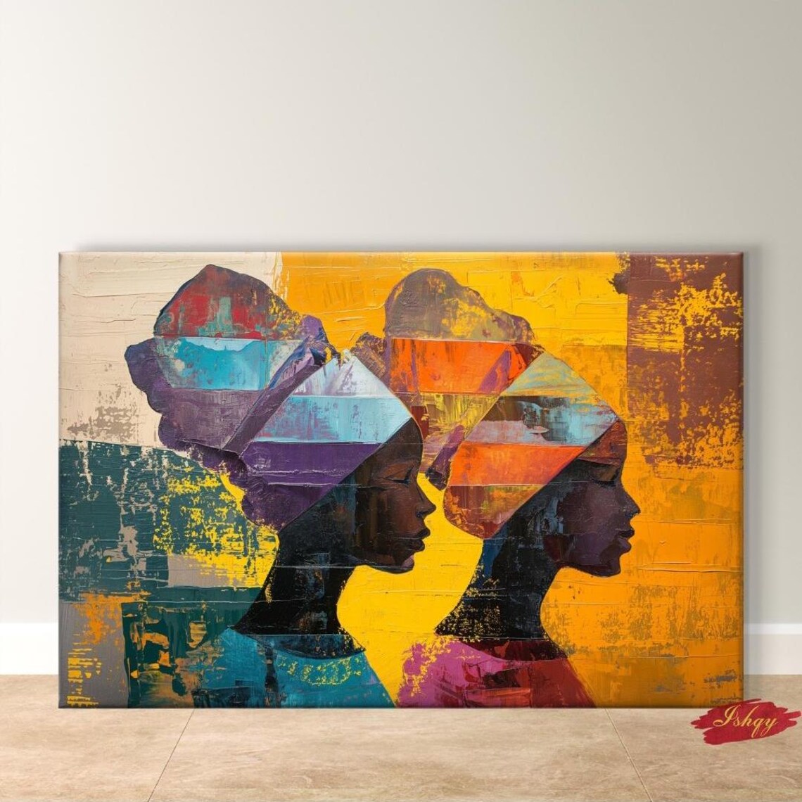 Two African Sisters in Geometric Headwraps on Gold Abstract Poster