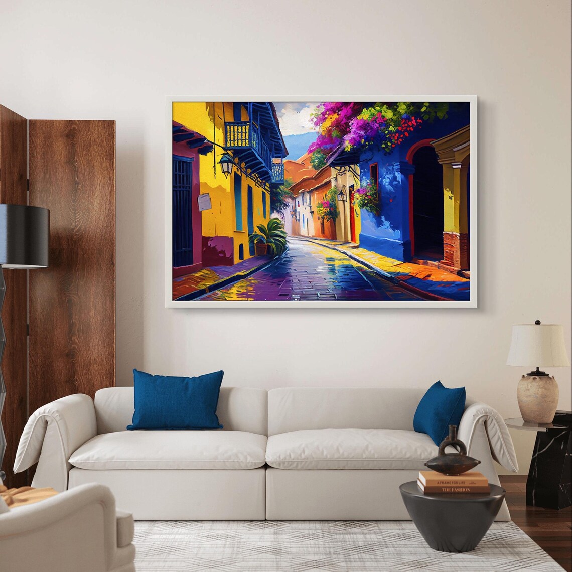 Vibrant Colonial Street Lined with Colorful Historic Houses Poster - Image 4
