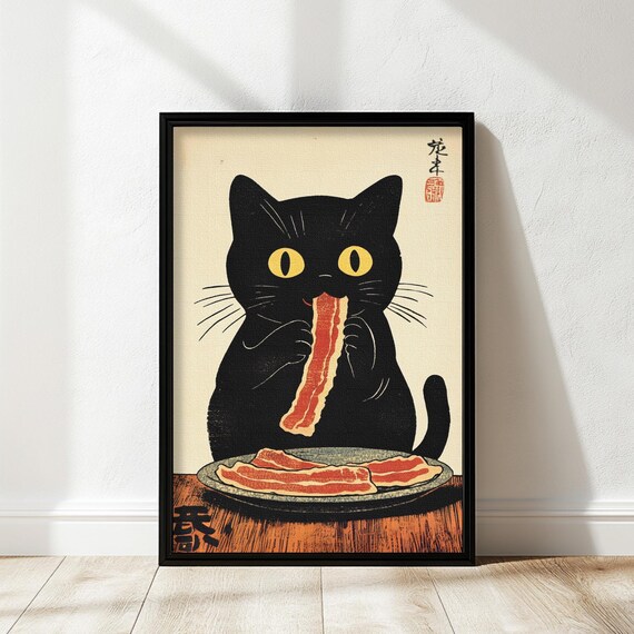 Funny Black Cat Eating Bacon Retro Japanese Woodblock Style Poster
