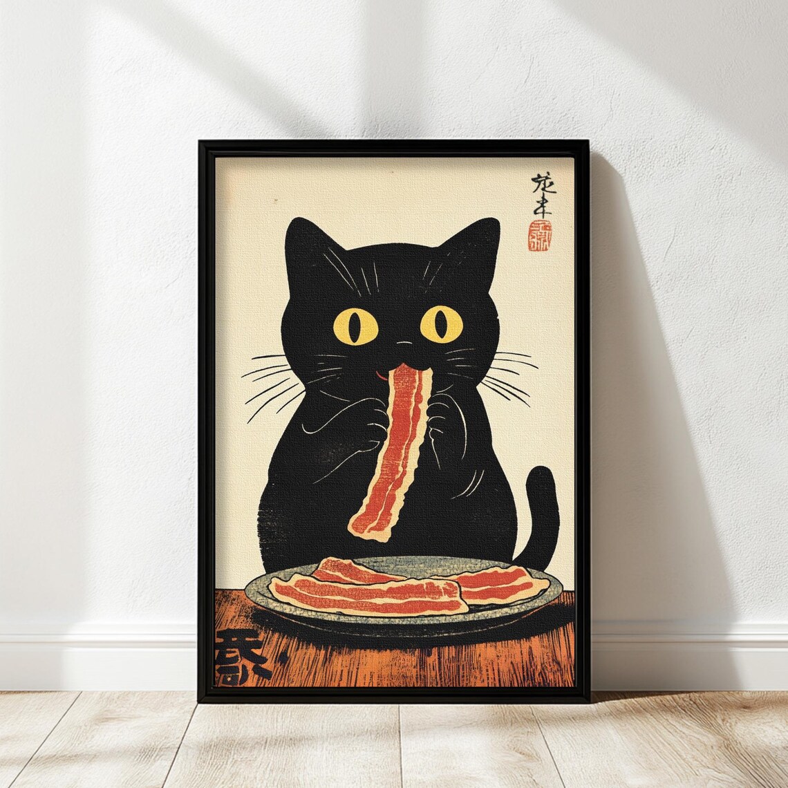 Funny Black Cat Eating Bacon Retro Japanese Woodblock Style Poster