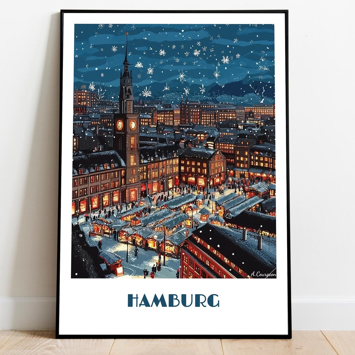 Hamburg Germany Christmas Market Night Snowy Clock Tower Poster