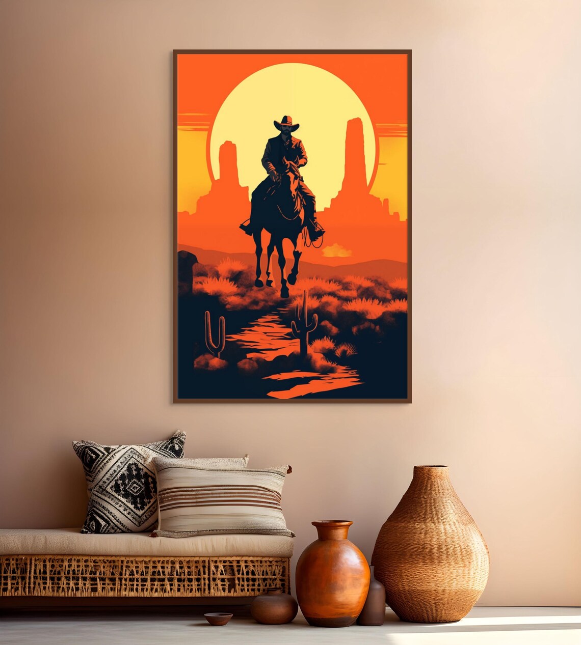 Cowboy on Horseback Sunset Silhouette Western Desert Art Poster - Image 5
