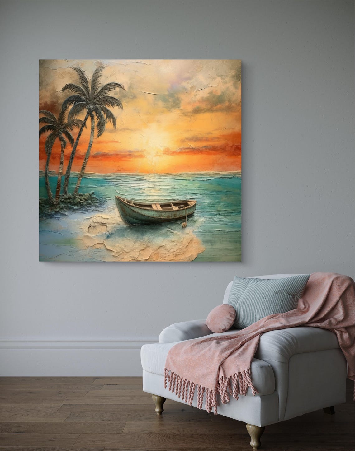 Tropical Beach Sunset with Boat and Palm Trees Coastal Poster - Image 3
