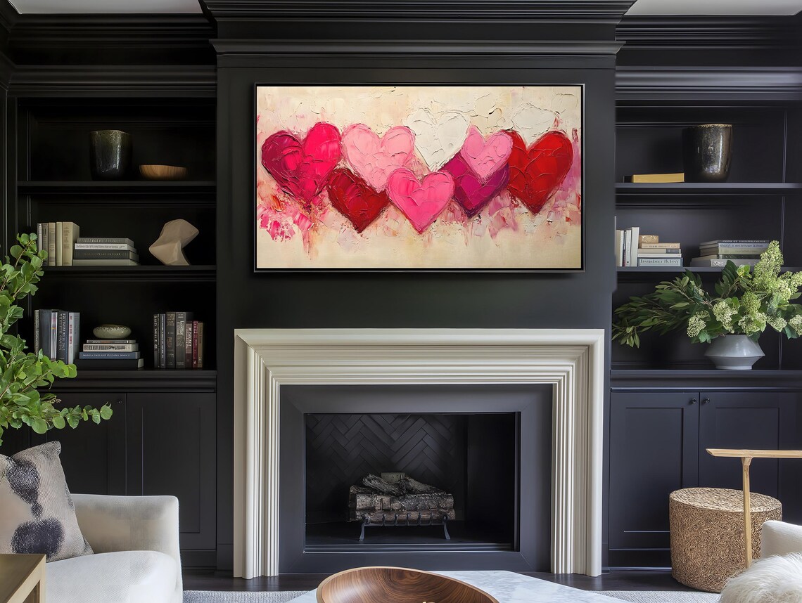 Romantic Textured Heart Wall Art Frame Tv Painting Abstract Oil Paint Frame Tv Decor Pink Red Palette Trendy - Image 4