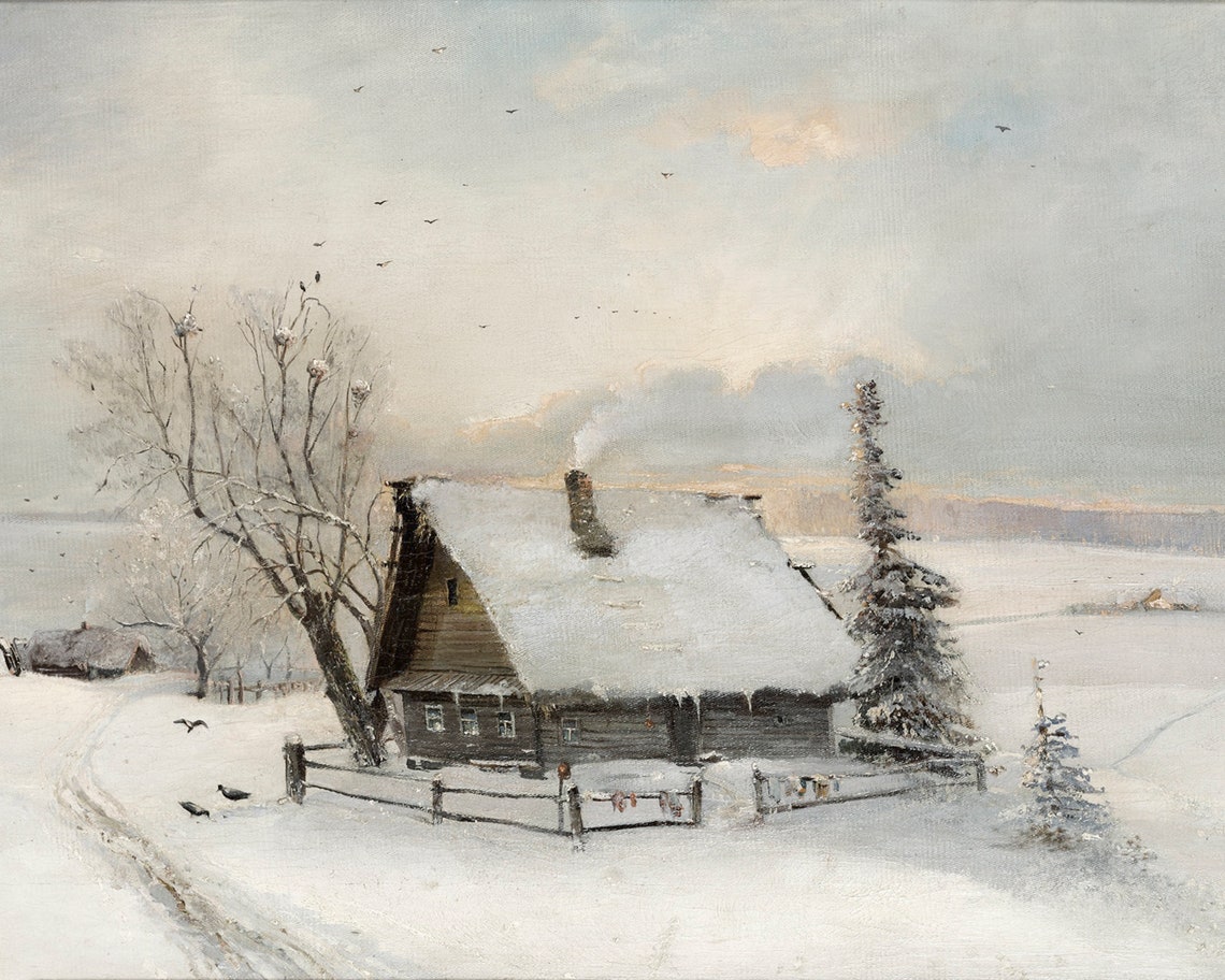 Vintage Winter Landsape Painting Scandi Holiday Wall Art Christmas Village Painting Vintage Christmas Prints Winter Cabin Art Prints - Image 2