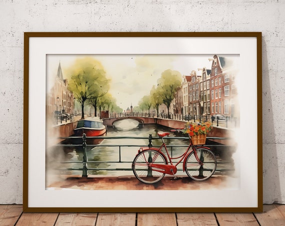 Amsterdam Canal Watercolor Art Print, Europe Travel Poster
