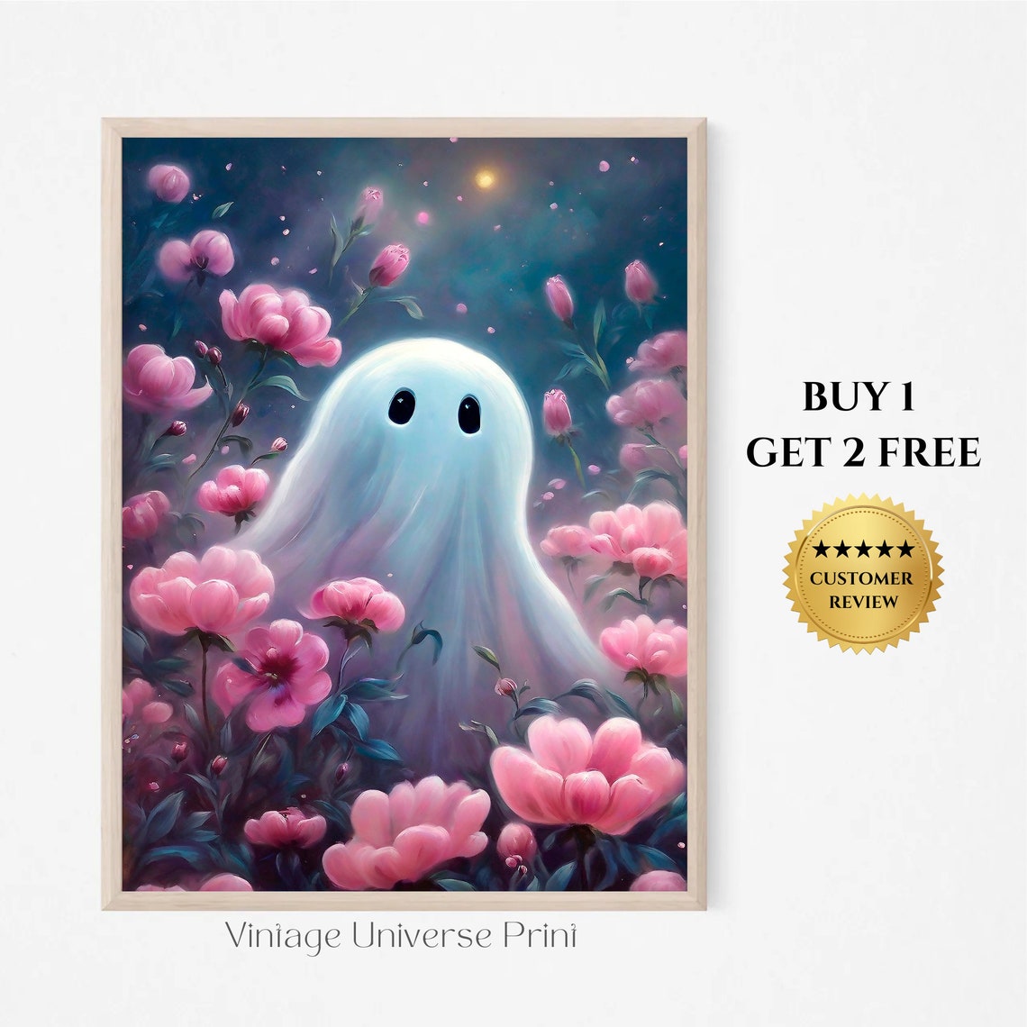 Cute Ghost Among Pink Flowers Under A Moonlit Night Sky Poster