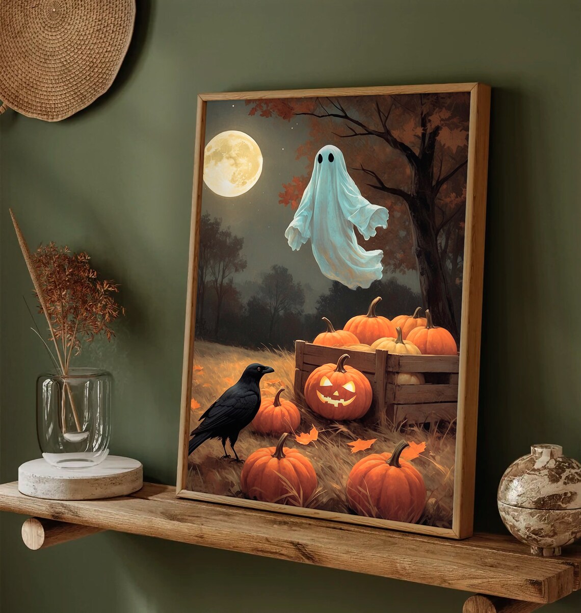 Ghost Over Pumpkin Crate With Crow Under Full Moon Halloween Painting Poster - Image 3
