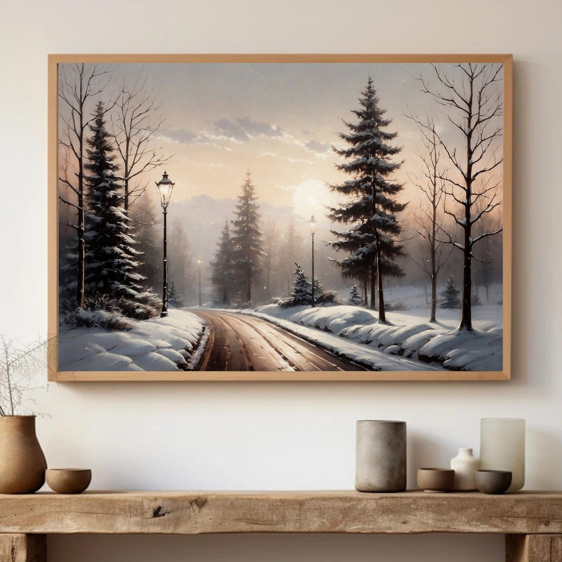 Snowy Forest Road with Pine Trees and Lamplights at Dusk Winter Poster - Image 3