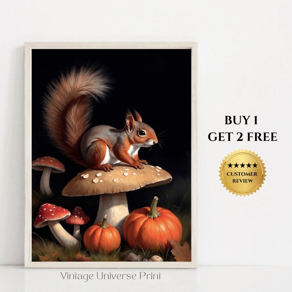 Red Squirrel On Mushroom With Pumpkins Moody Autumn Wildlife Painting Poster