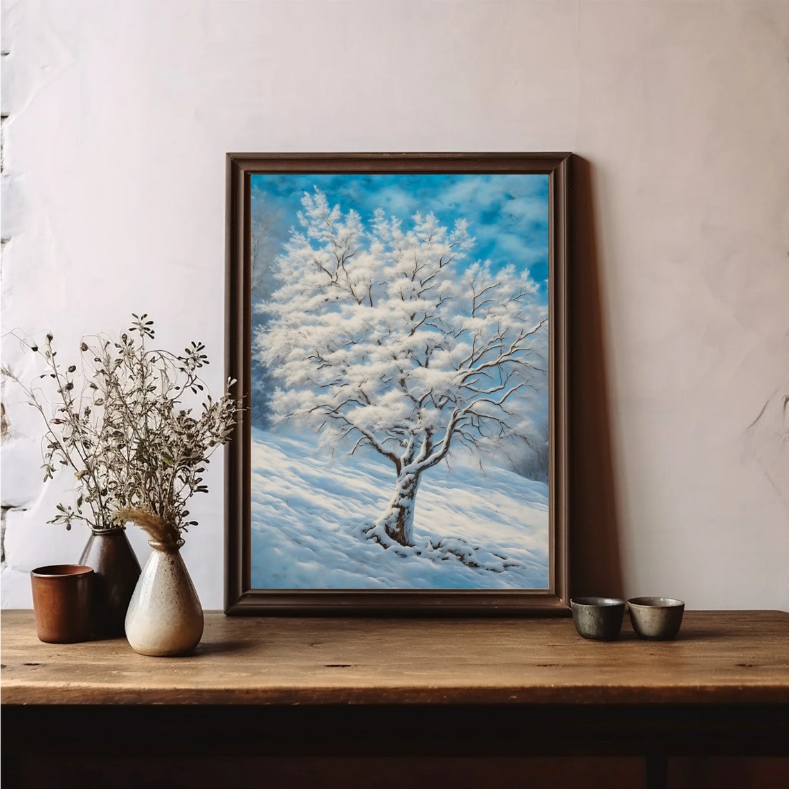 Lone Snowy Tree Bright Blue Sky Serene Winter Landscape Art Poster - Image 3