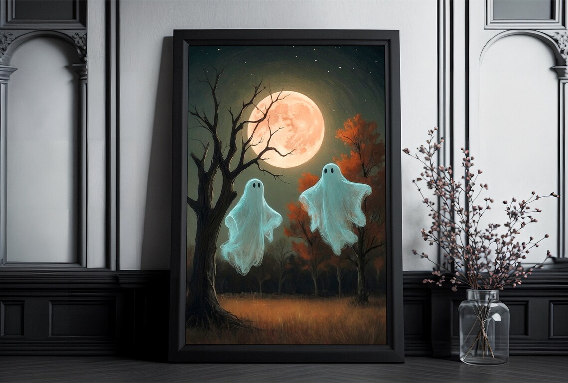 Two Cute Ghosts Floating Under Full Moon In Autumn Night Forest Painting Poster - Image 2