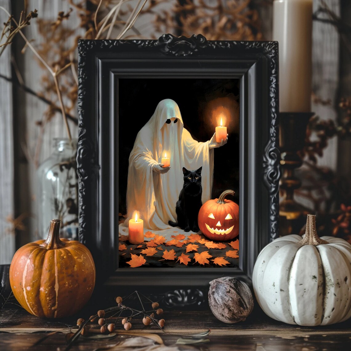 Ghost Holding Candles Beside A Black Cat And Jack O Lantern Halloween Art Print - Image 4