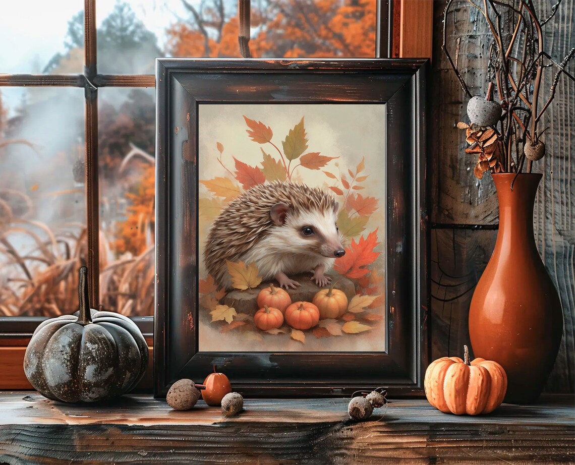 Cute Hedgehog With Pumpkins Autumn Fall Vintage Painting Style Poster - Image 3