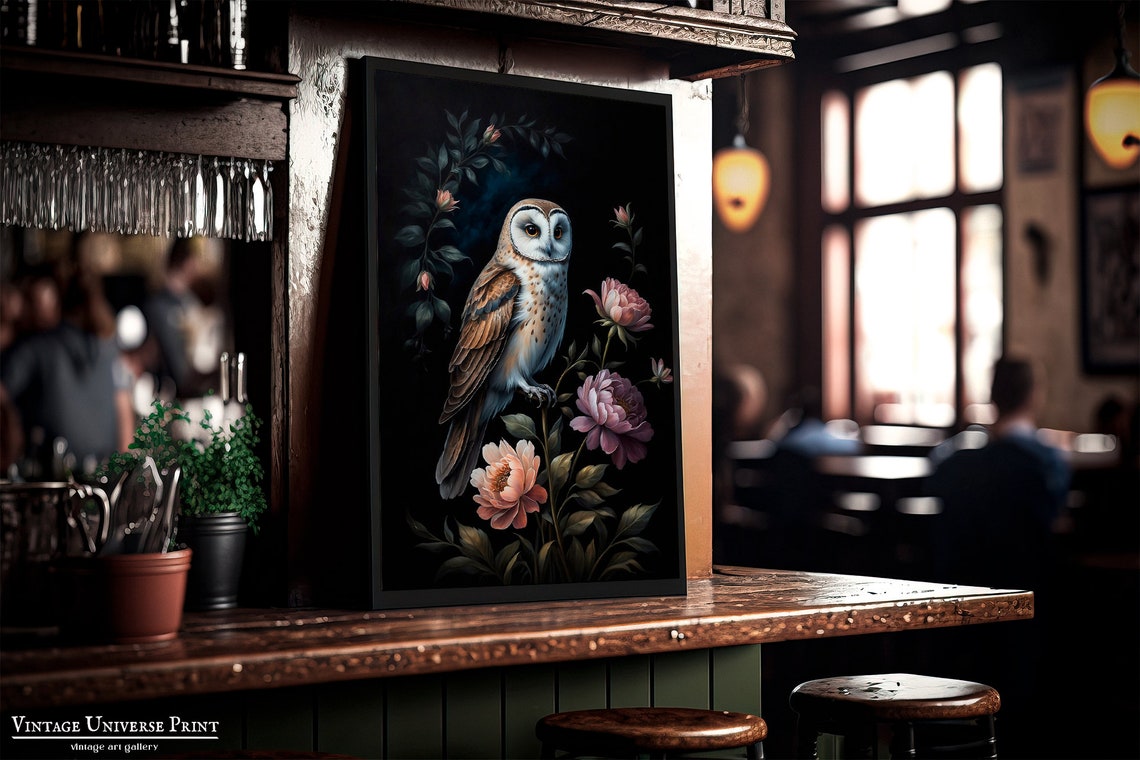 Barn Owl Pink Peony Blooms Moody Floral Dark Night Garden Poster - Image 4